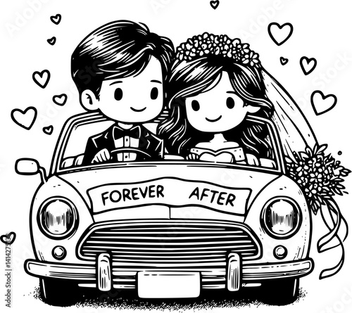 Just married couple driving wedding car, romantic getaway scene illustration, bride and groom in love vector