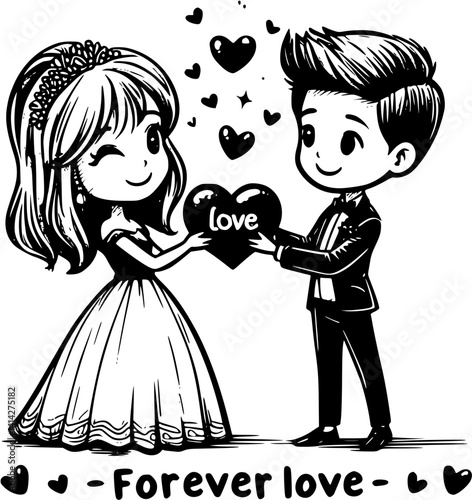 Groom giving heart-shaped balloon to bride, cute wedding couple illustration, romantic love gift vector, happy bride receiving balloon, hand-drawn marriage moment clipart