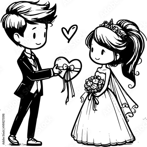 Groom giving a gift to his bride illustration, romantic surprise moment, sweet wedding couple gesture vector, bride receiving present from groom, love and celebration clipart