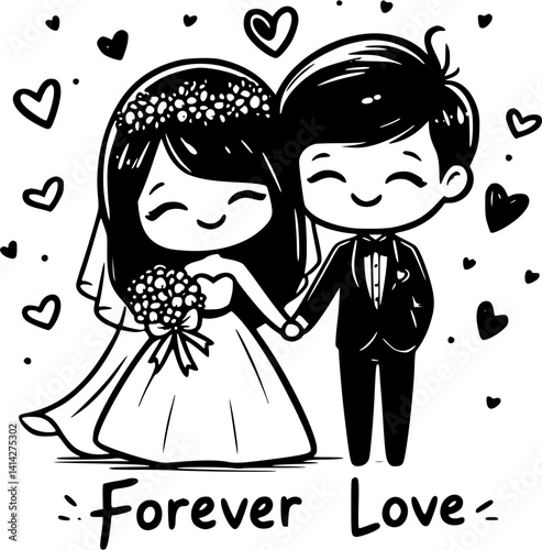 Newlywed couple holding hands illustration, romantic wedding moment vector, bride and groom in love, hand-drawn sweet couple clipart, peaceful newly married love scene