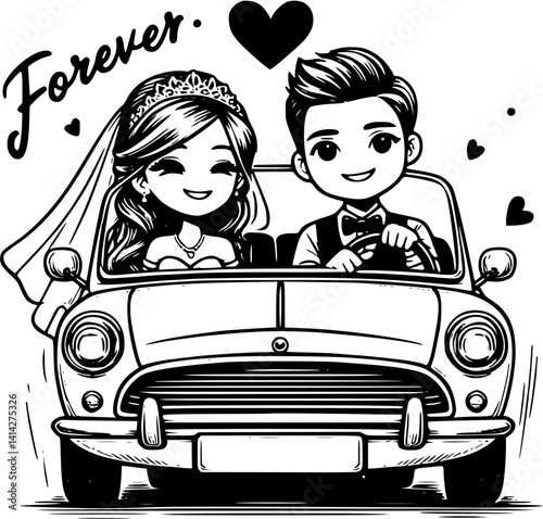 Just married couple romantic wedding illustration, cute bride and groom in love, floral car vector, honeymoon departure scene clipart