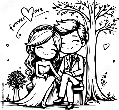 Romantic newlywed couple sitting under a tree on a bench or ground, peaceful love moment, hand-drawn wedding illustration, outdoor nature scene, honeymoon couple vector clipart