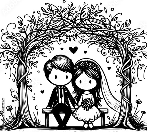 Romantic newlywed couple sitting under a tree on a bench or ground, peaceful love moment, hand-drawn wedding illustration, outdoor nature scene, honeymoon couple vector clipart