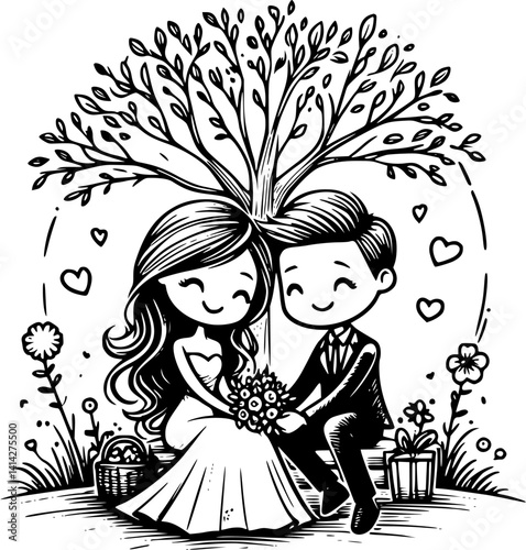 Romantic newlywed couple sitting under a tree on a bench or ground, peaceful love moment, hand-drawn wedding illustration, outdoor nature scene, honeymoon couple vector clipart