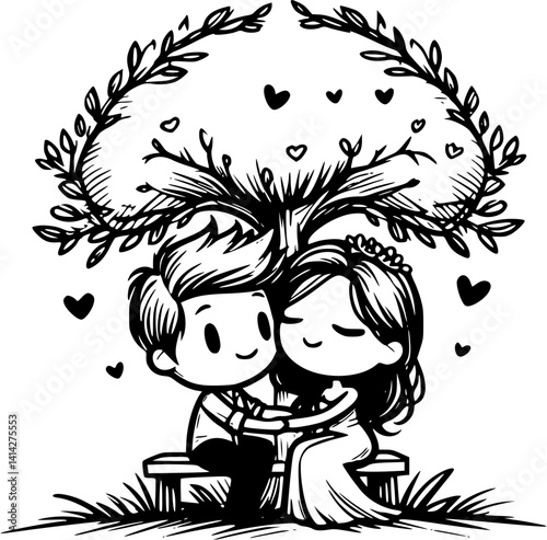 Romantic newlywed couple sitting under a tree on a bench or ground, peaceful love moment, hand-drawn wedding illustration, outdoor nature scene, honeymoon couple vector clipart
