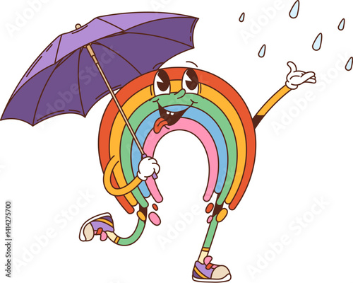 Cartoon retro groovy rainbow with umbrella and funny face, vector character. Groovy rainbow with happy smile and tongue out catching rain drops under umbrella, funky emoji character or emoticon