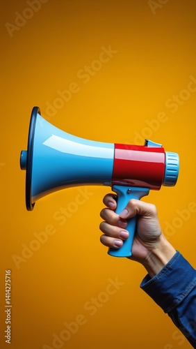Hand holding megaphone, marketing and sales, yellow background hand megaphone marketing sale concept orange background communication advertising promotion announcement louds