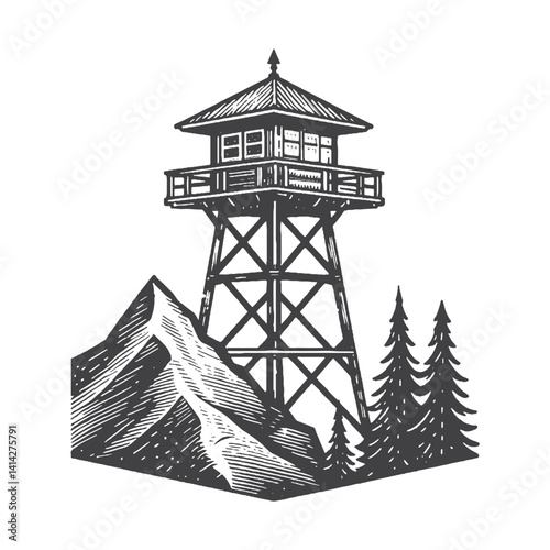 Fire Lookout Tower on a Mountain Peak Vector Design – Vintage Logo & Retro Illustration
