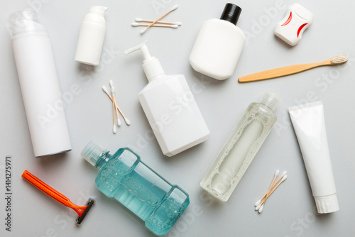Mockup for bathing products top view flat lay, spa razor, toothpaste, soap, gel and other various accessories. Cosmetics for skin health. Bath Mockup for your logo
