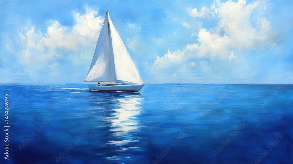 Obraz premium A serene seascape painting of a sailboat under a vast, blue sky.