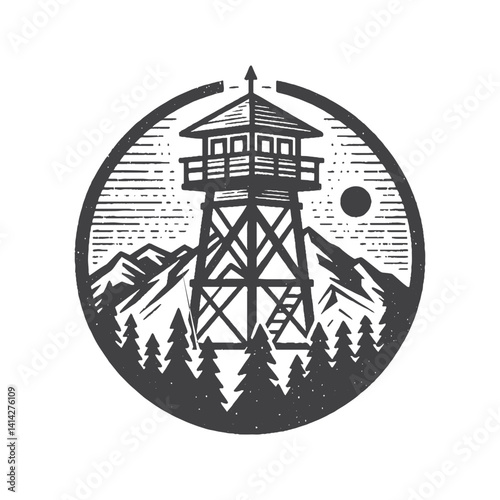 Fire Lookout Tower on a Mountain Peak Vector Design – Vintage Logo & Retro Illustration