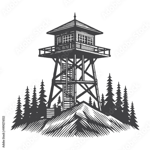 Fire Lookout Tower on a Mountain Peak Vector Design – Vintage Logo & Retro Illustration