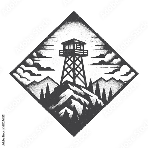 Fire Lookout Tower on a Mountain Peak Vector Design – Vintage Logo & Retro Illustration