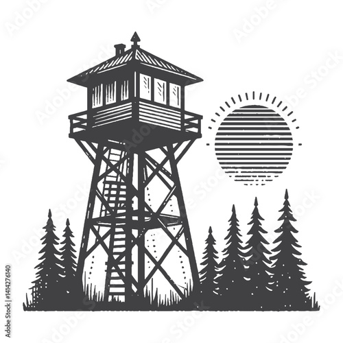 Fire Lookout Tower Vector Design – Vintage Logo & Retro Illustration