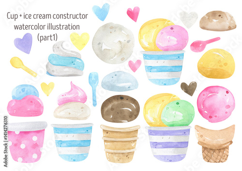 Set ice cream watercolor illustrations : colorful scoops with sprinkles, cones, popsicles, and fruity ice ice, frozen desserts, spoons, cookies in pastel tones. Perfect for summer-themed designs