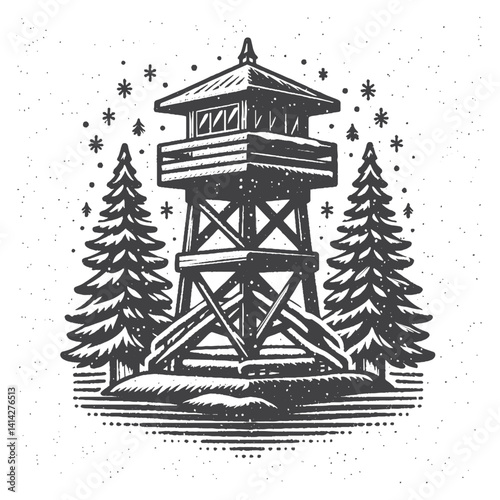 Fire Lookout Tower Vector Design – Vintage Logo & Retro Illustration