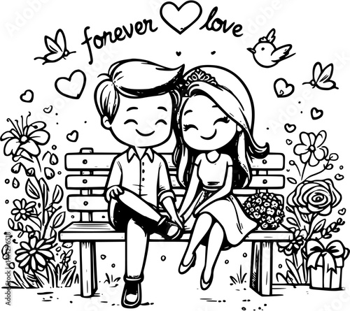 A tender cartoon depiction of young lovers on a bench—sharing hugs, kisses, and gentle hand-holding in a peaceful park moment full of warmth