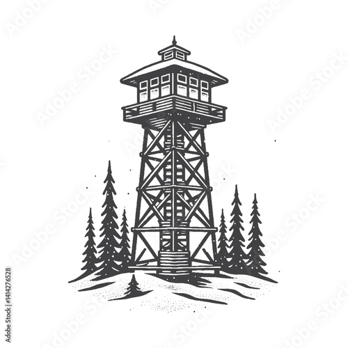Fire Lookout Tower Vector Design – Vintage Logo & Retro Illustration