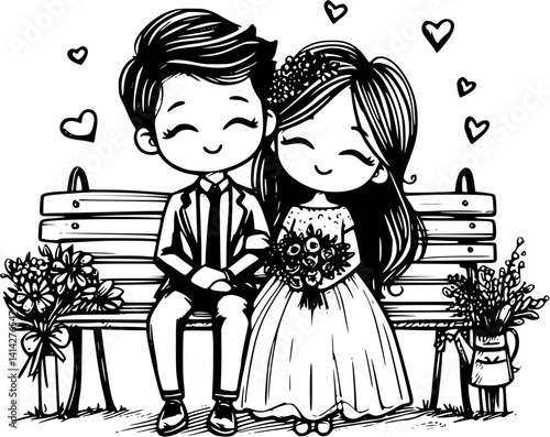 A tender cartoon depiction of young lovers on a bench—sharing hugs, kisses, and gentle hand-holding in a peaceful park moment full of warmth