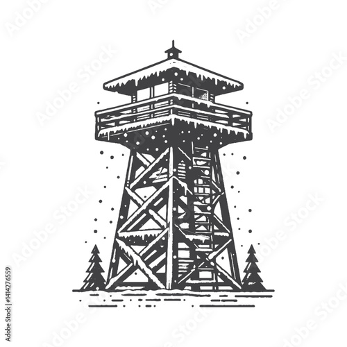 Fire Lookout Tower Vector Design – Vintage Logo & Retro Illustration