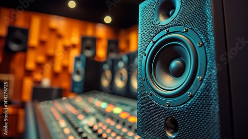Professional audio speakers in a recording studio.  Close-up view of studio speakers, demonstrating high-quality sound equipment