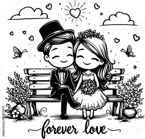 A tender cartoon depiction of young lovers on a bench—sharing hugs, kisses, and gentle hand-holding in a peaceful park moment full of warmth