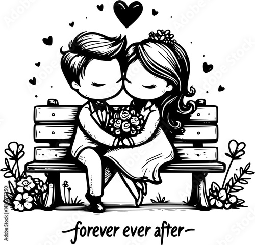 A tender cartoon depiction of young lovers on a bench—sharing hugs, kisses, and gentle hand-holding in a peaceful park moment full of warmth