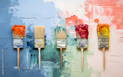 Brightly colored paintbrushes arranged on a vibrant palette showcasing various hues and textures photo