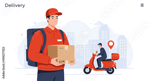 Courier Delivery Service Illustration – Parcel Transport on Scooter in City