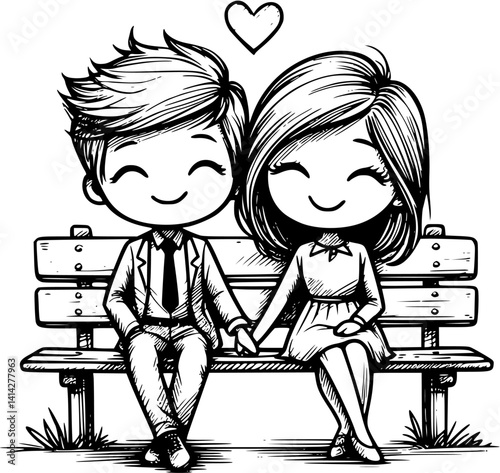 A tender cartoon depiction of young lovers on a bench—sharing hugs, kisses, and gentle hand-holding in a peaceful park moment full of warmth
