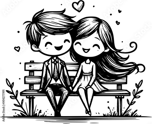Romantic couple sitting on a bench, peaceful love moment illustration, hand-drawn vector of lovers relaxing outdoors, cozy relationship scene, wedding or Valentine’s Day clipart