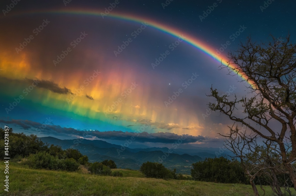Naklejka premium Stunning Night Rainbows and Colorful Skies – Celestial Beauty Over Scenic Horizons