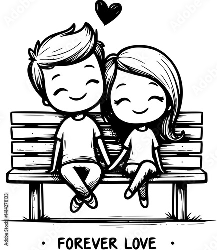 young cartoon couple sits closely on a park bench in front of a wall, enjoying a quiet romantic moment – a sweet and peaceful vector scene of love and connection in nature