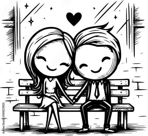 young cartoon couple sits closely on a park bench in front of a wall, enjoying a quiet romantic moment – a sweet and peaceful vector scene of love and connection in nature