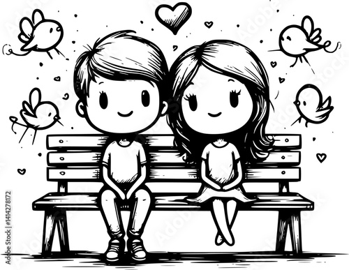 young cartoon couple sits closely on a park bench in front of a wall, enjoying a quiet romantic moment – a sweet and peaceful vector scene of love and connection in nature