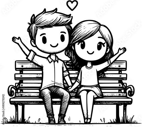 young cartoon couple sits closely on a park bench in front of a wall, enjoying a quiet romantic moment – a sweet and peaceful vector scene of love and connection in nature