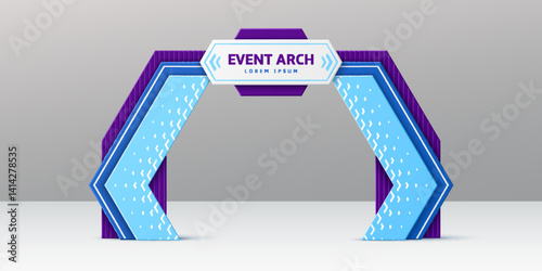 Sport event arch with blue and purple gate entrance and welcome sign template, vector mockup. Event arch and entry gate in 3D for sport marathon start or competition finish line gate frame