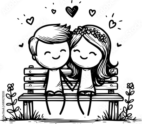 young cartoon couple sits closely on a park bench in front of a wall, enjoying a quiet romantic moment – a sweet and peaceful vector scene of love and connection in nature