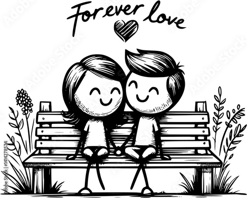 young cartoon couple sits closely on a park bench in front of a wall, enjoying a quiet romantic moment – a sweet and peaceful vector scene of love and connection in nature