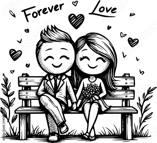 young cartoon couple sits closely on a park bench in front of a wall, enjoying a quiet romantic moment – a sweet and peaceful vector scene of love and connection in nature