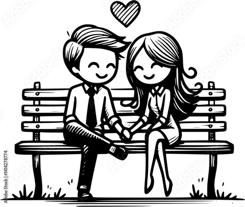 young cartoon couple sits closely on a park bench in front of a wall, enjoying a quiet romantic moment – a sweet and peaceful vector scene of love and connection in nature