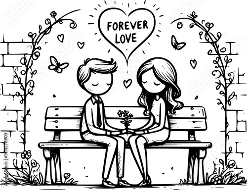 A tender cartoon depiction of young lovers on a bench—sharing hugs, kisses, and gentle hand-holding in a peaceful park moment full of warmth