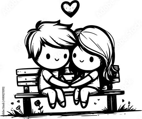 young cartoon couple sits closely on a park bench in front of a wall, enjoying a quiet romantic moment – a sweet and peaceful vector scene of love and connection in nature