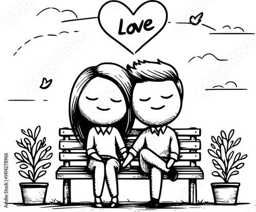young cartoon couple sits closely on a park bench in front of a wall, enjoying a quiet romantic moment – a sweet and peaceful vector scene of love and connection in nature