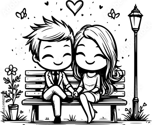 Romantic cartoon couple sitting hand in hand on a bench under warm park lights, smiling at each other – a peaceful and heartwarming vector scene of love and quiet connection