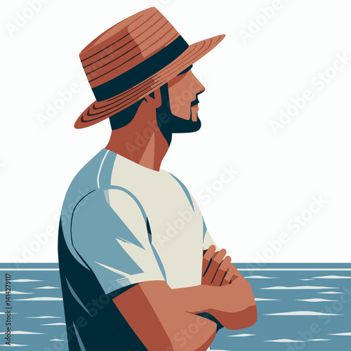 Contemplative man in a hat gazing at the ocean in a minimalist vector illustration