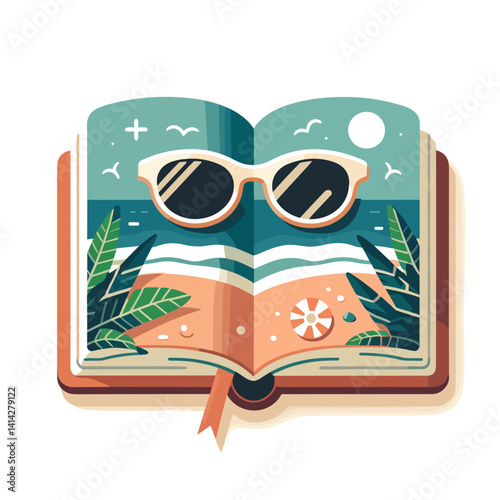 Open book with a beach scene, sunglasses, and tropical plants in a colorful vector illustration