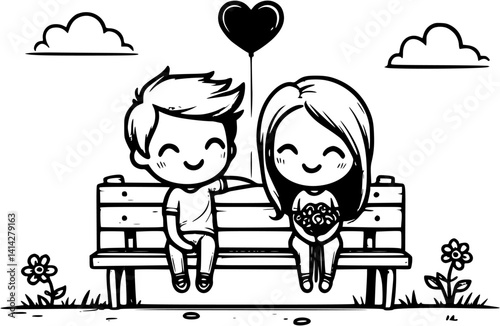 A sweet cartoon moment as a shy boy gives a heart balloon and bouquet to a smiling girl—both sit on a park bench, chatting and sharing the early spark of young love