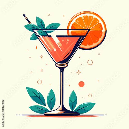 Refreshing cocktail with orange slice and mint leaves in a vibrant vector illustration