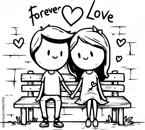 Young cartoon couple sitting on a park bench, sharing a quiet romantic moment – a heartwarming vector illustration of love, connection, and youthful affection